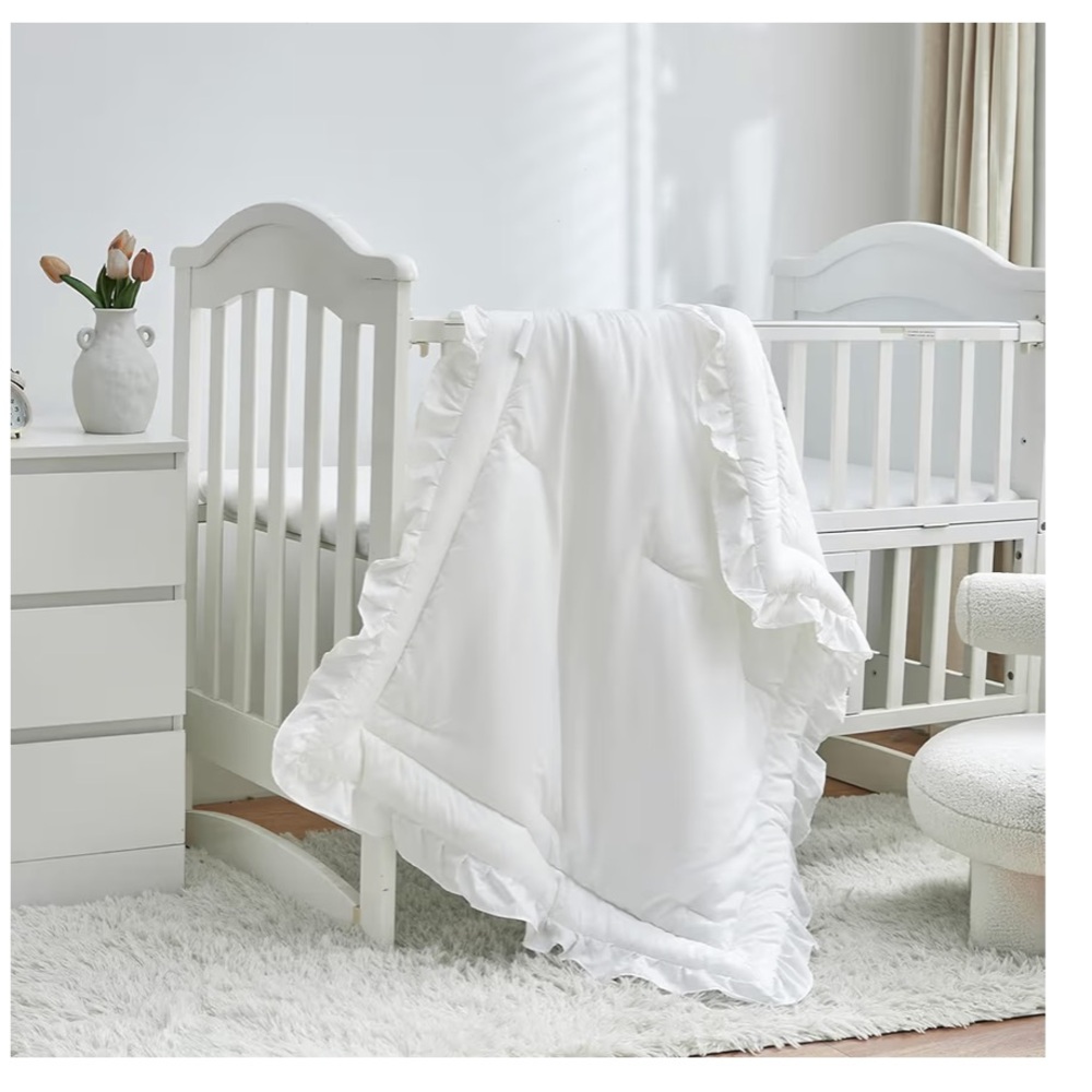 3 piece White Ruffled Baby crib comforter pillow and fitted sheet